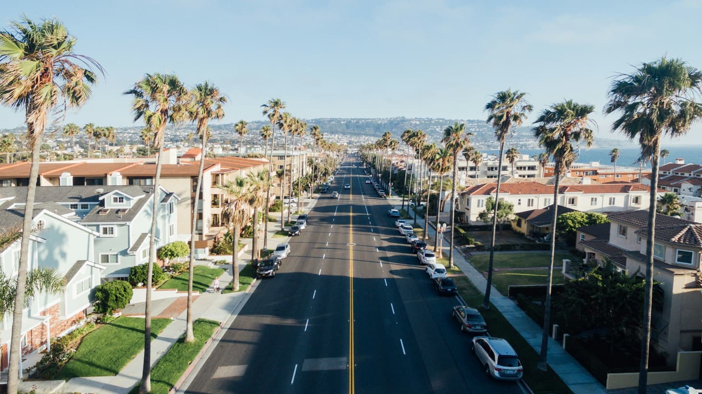 A palm-lined residential street in a California suburb